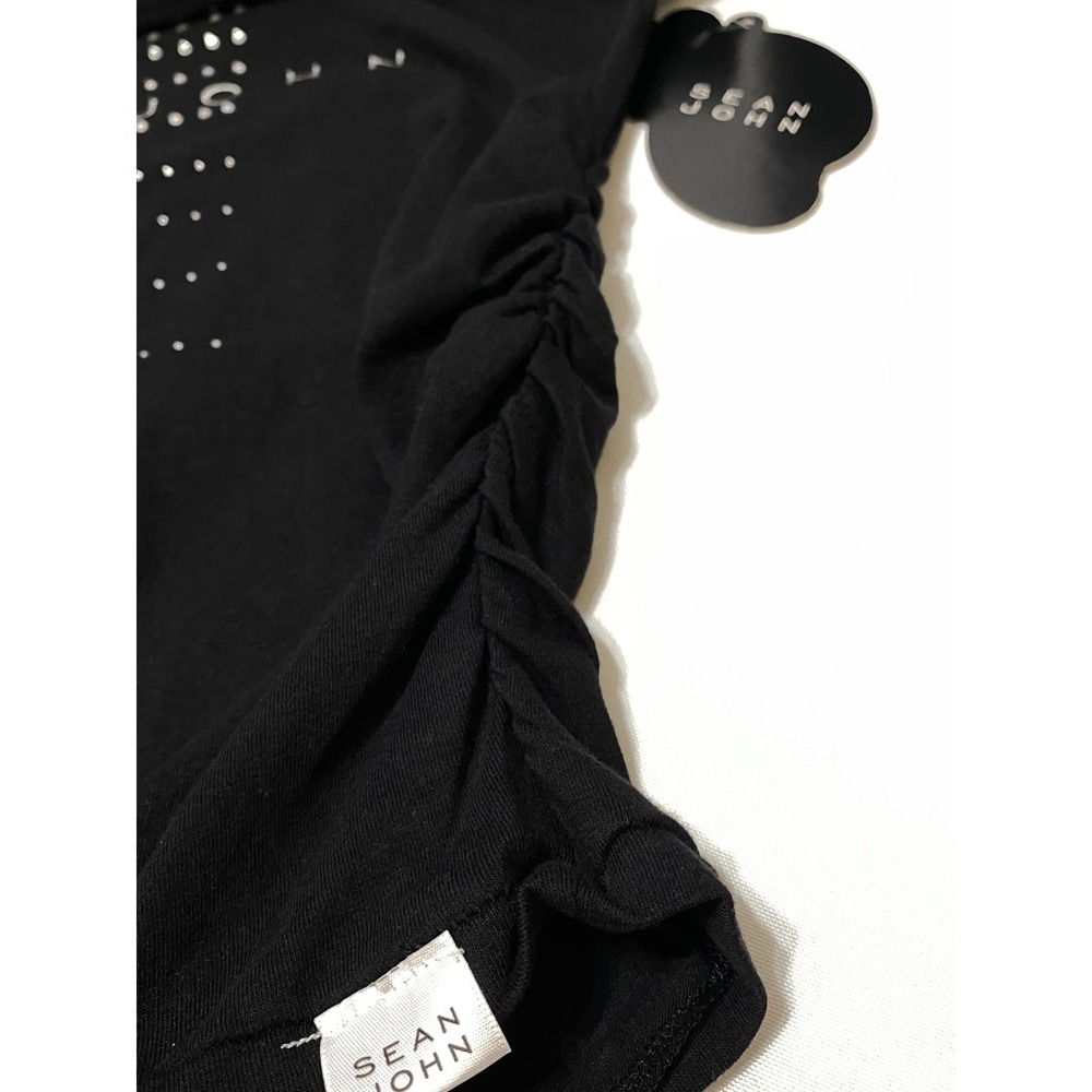 SEAN JOHN Black Top Logo w/Rhinestone Details Cap Sleeves Size Medium Blouse NWT - Picture 4 of 8